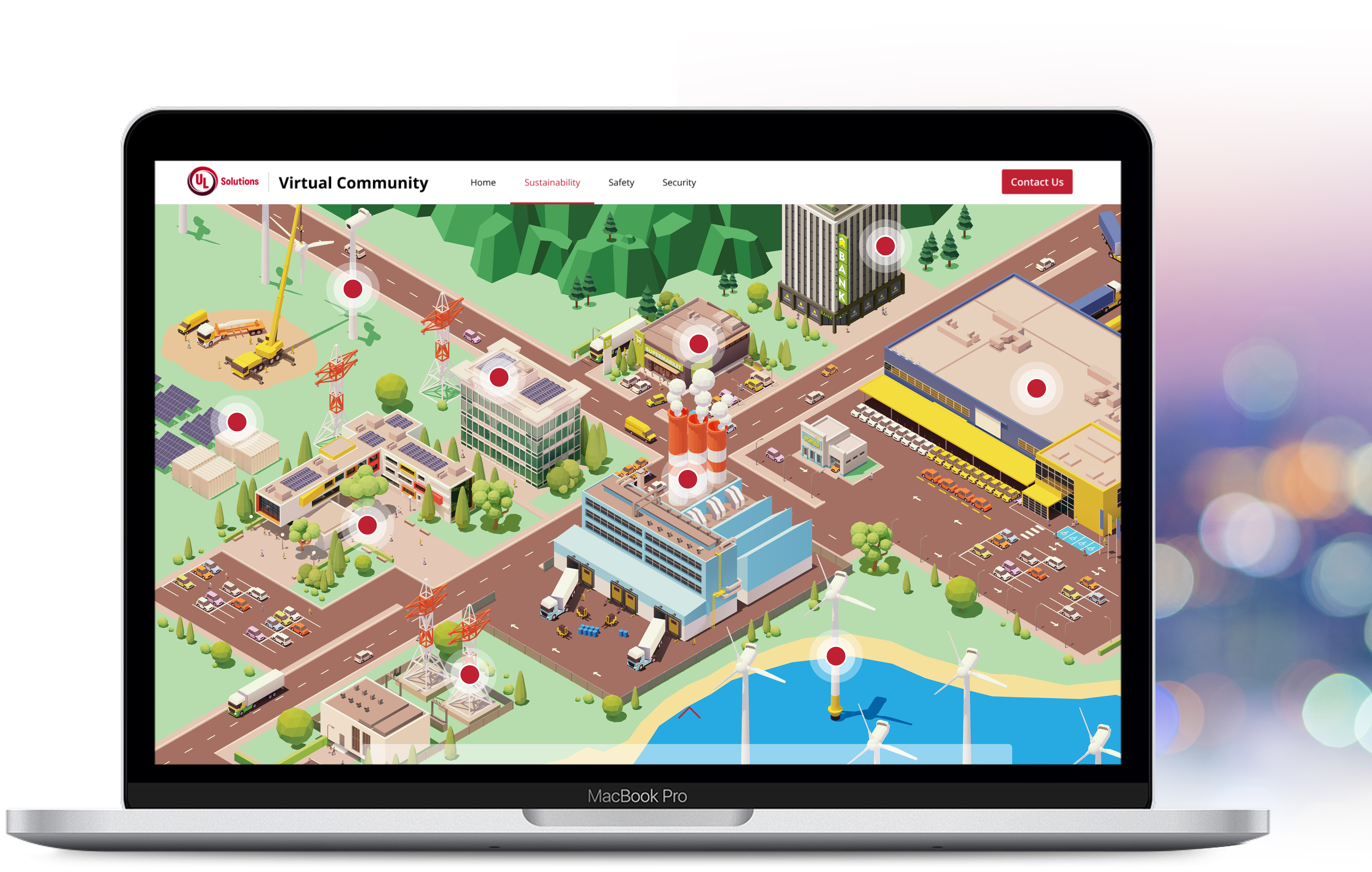 UL Solutions Virtual Community showing an interactive illustrated city with locations representing safety, sustainability, and security services.