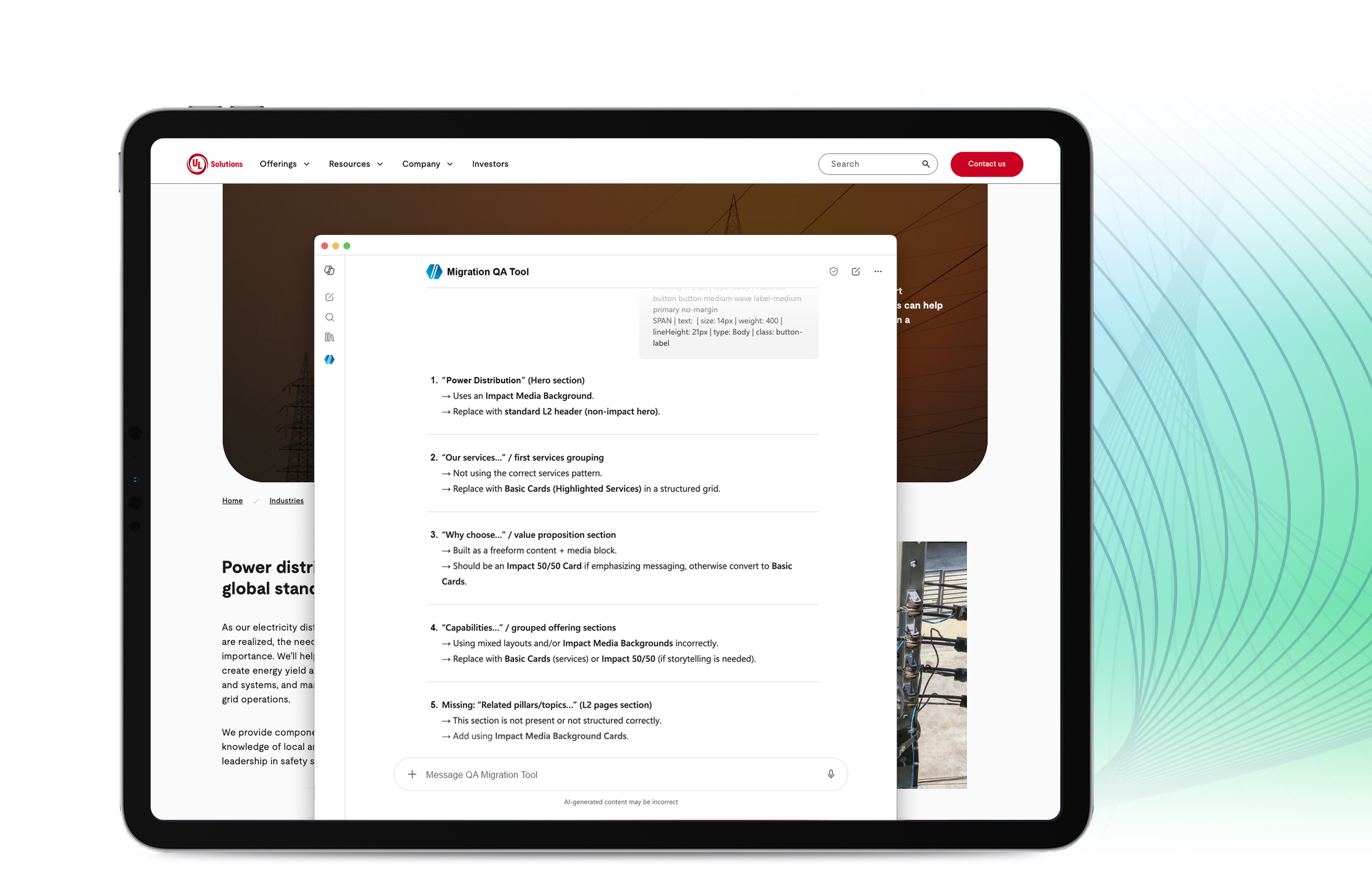 QA Migration Tool running beside a UL Solutions webpage and identifying design system issues for review.