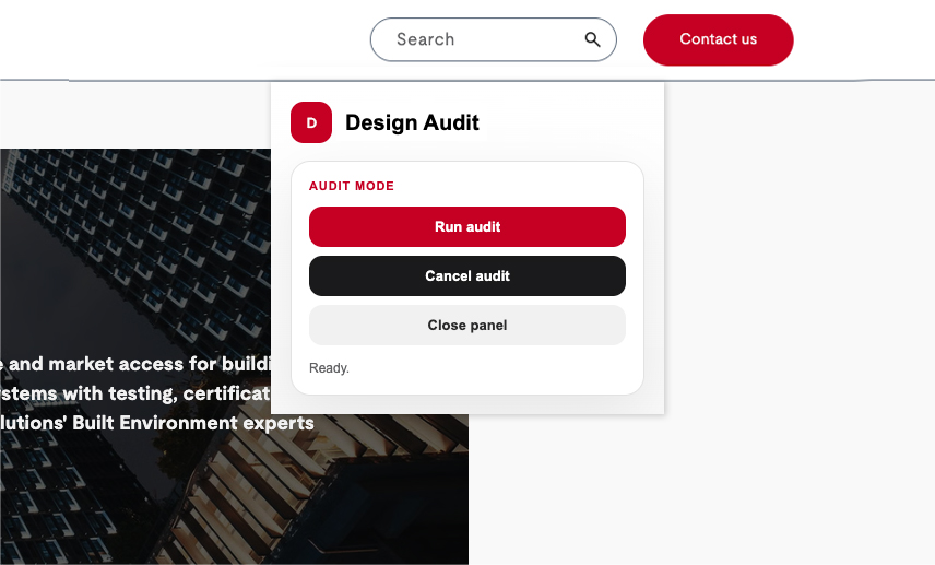 Design Audit extension popup on a live page with Run Audit and Copy Results buttons