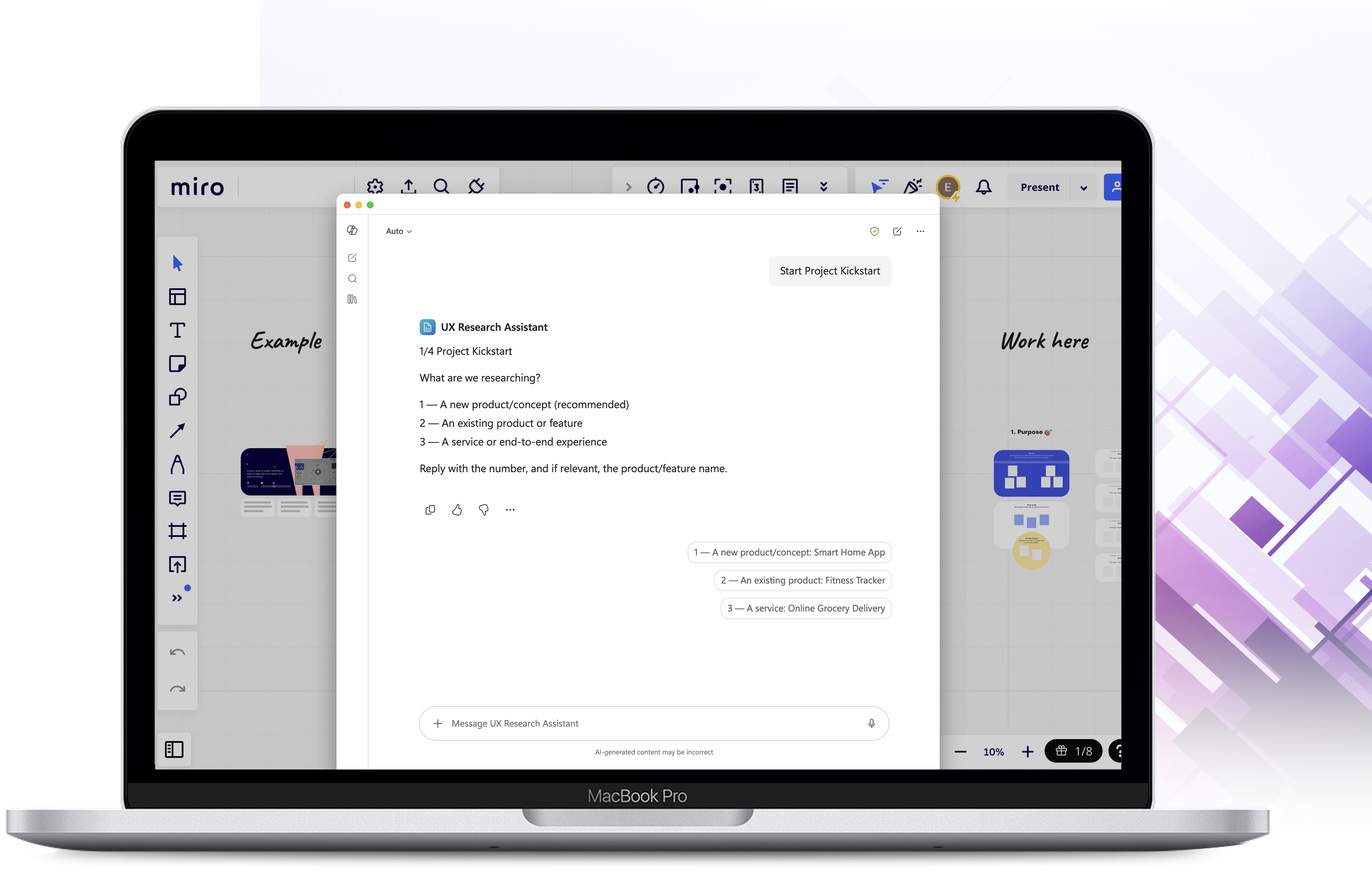 Research Assistant workflow showing guided Copilot prompts and structured discovery outputs prepared for Miro.