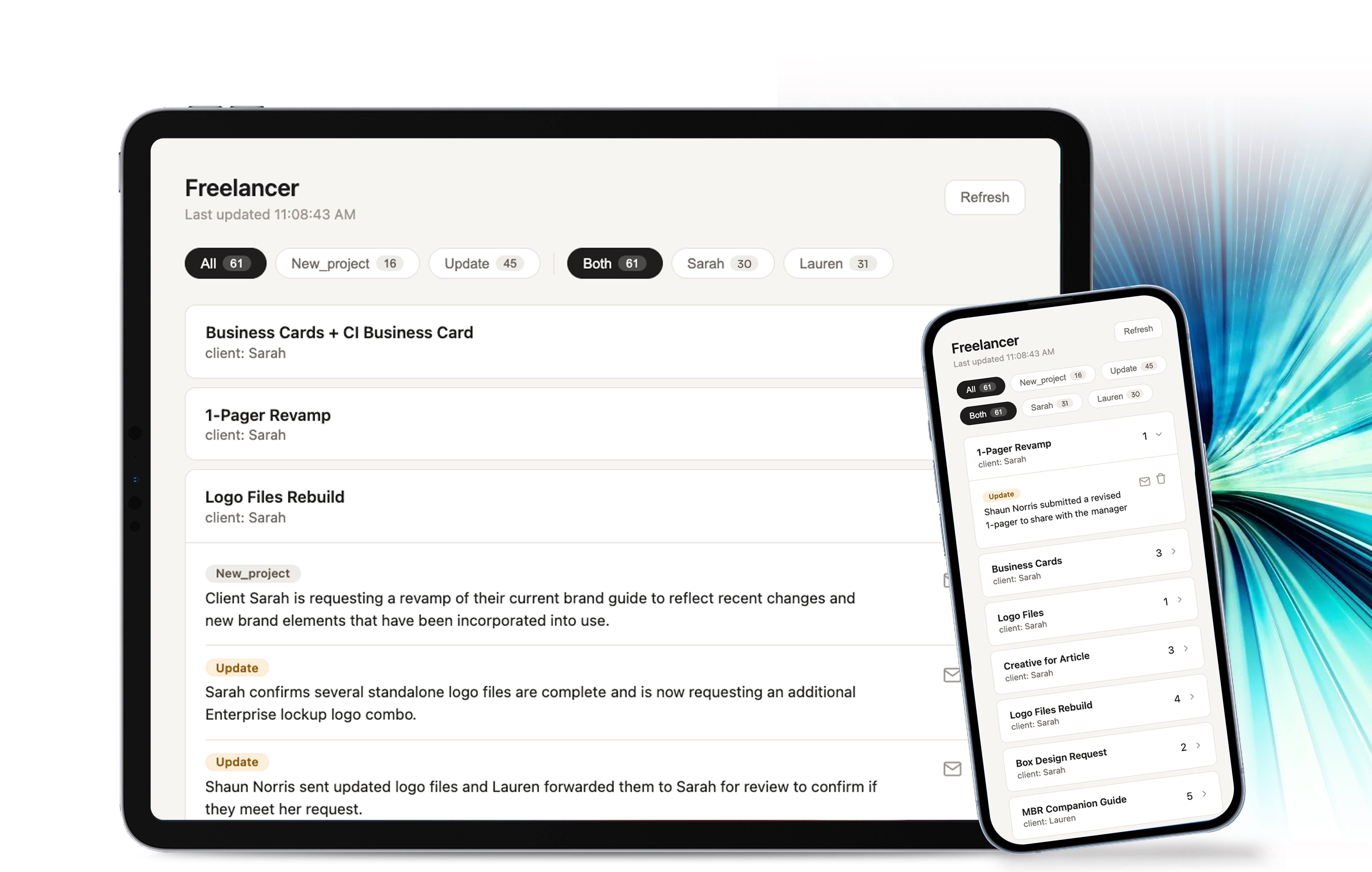 Freelancer project dashboard showing active freelance projects, status, client details, and email based project history.