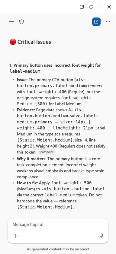 Copilot sidebar showing a Critical Issues report with evidence and a fix for a button font-weight token error